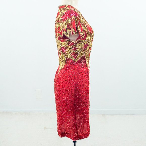 Vintage 80s 90s S/M July 4th Fireworks Silk Party Beaded Dress Holiday Stars - Picture 14 of 16